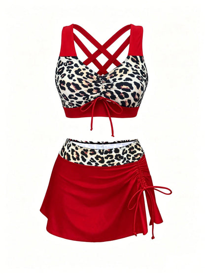 1 Set Women's 3-Piece Bikini Swimwear, Leopard Print Splice Ruched Tie-Up Skirt Swimwear, Fashionable & Slimming Vacation Beach Summer Red