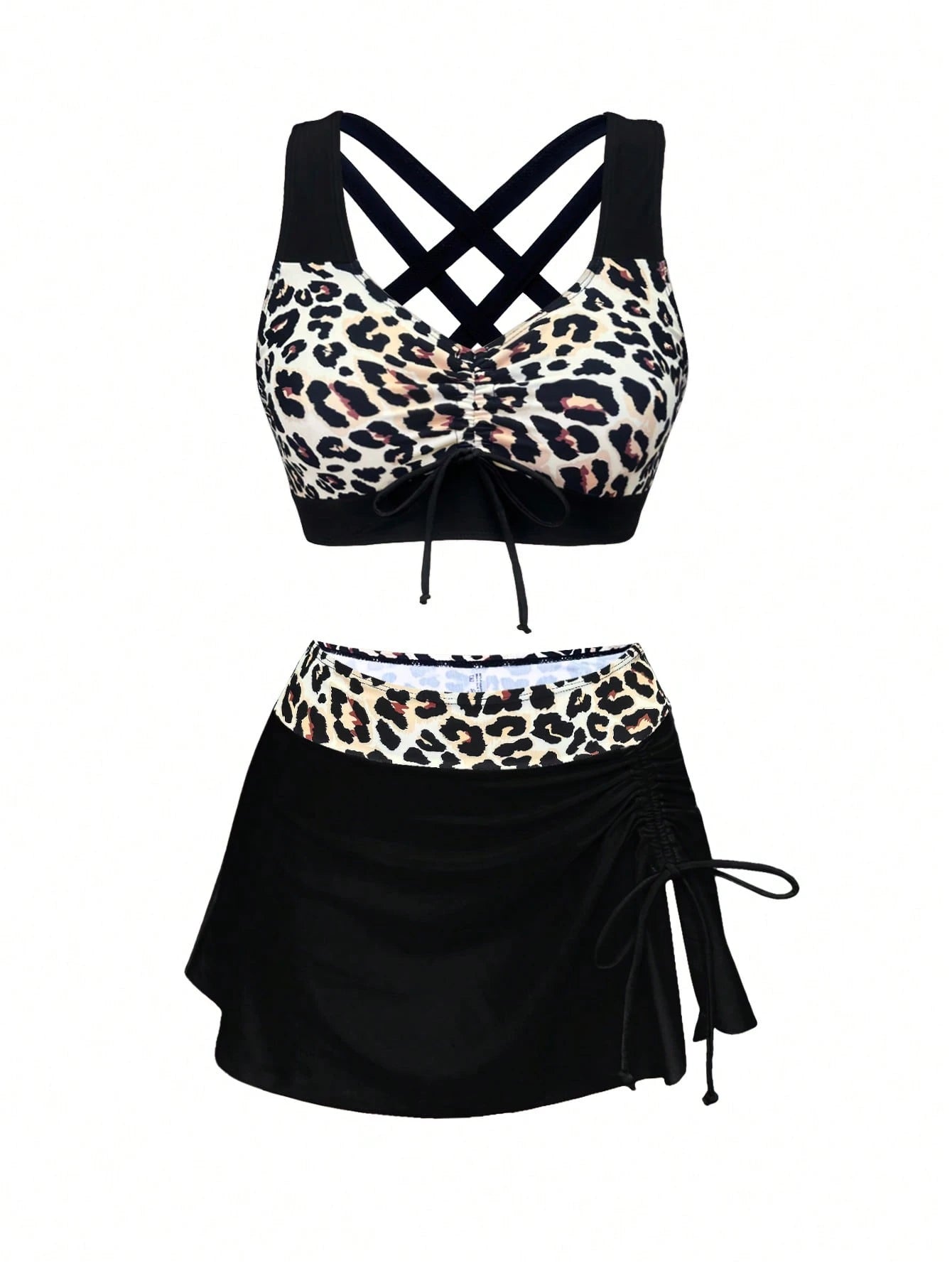1 Set Women's 3-Piece Bikini Swimwear, Leopard Print Splice Ruched Tie-Up Skirt Swimwear, Fashionable & Slimming Vacation Beach Summer Red