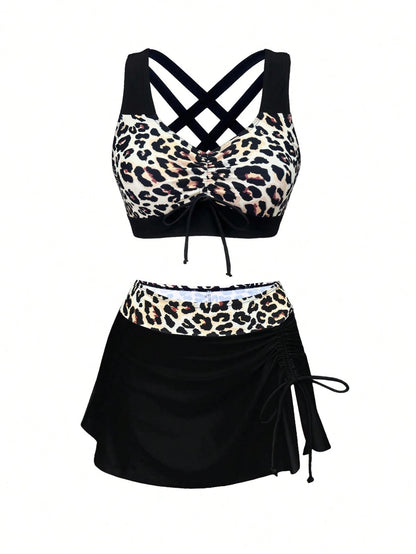 1 Set Women's 3-Piece Bikini Swimwear, Leopard Print Splice Ruched Tie-Up Skirt Swimwear, Fashionable & Slimming Vacation Beach Summer Red