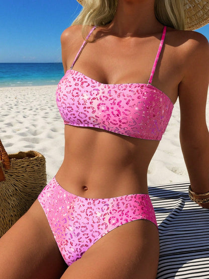 1 Set Women's Ombre Leopard Print Detachable Strap Bikini Two Pieces Swimwear, Versatile Summer Holiday Beach Casual Vacation, Resort Wear