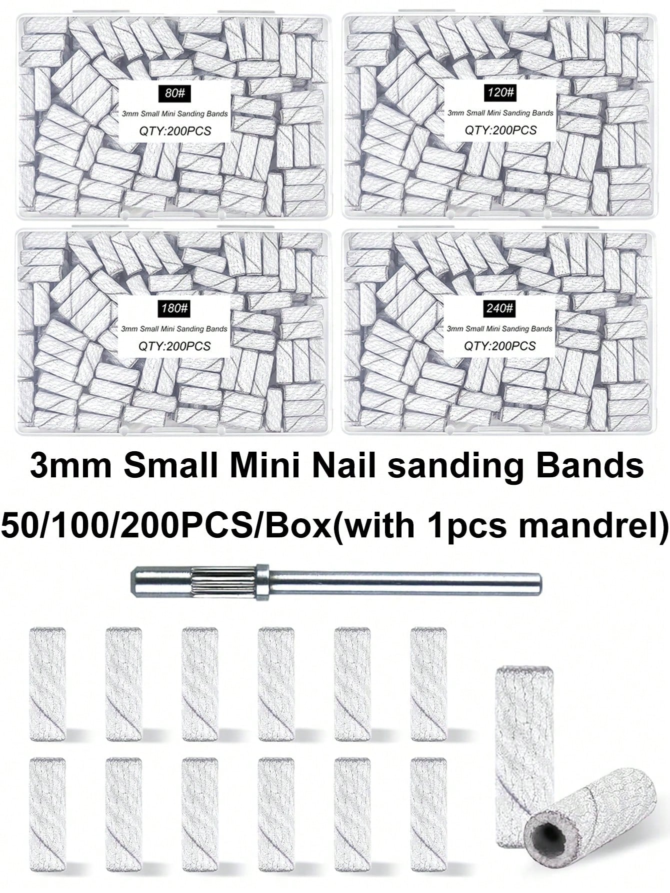 100/200Pcs/Box With Mini Mandrel Nail Art 3mm Mini Grinding Sand Ring Bands(80# 120# 180# 240#)Electric Grinding Machine Nail Grinding Head Manicure Accessories Tools Dead Skin Remover