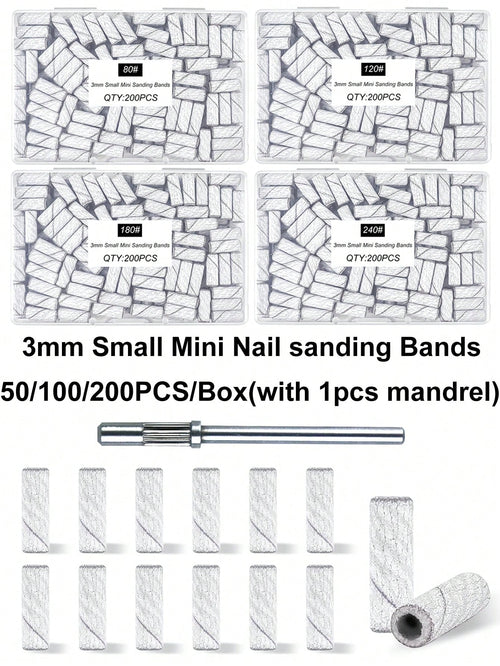 100/200Pcs/Box With Mini Mandrel Nail Art 3mm Mini Grinding Sand Ring Bands(80# 120# 180# 240#)Electric Grinding Machine Nail Grinding Head Manicure Accessories Tools Dead Skin Remover
