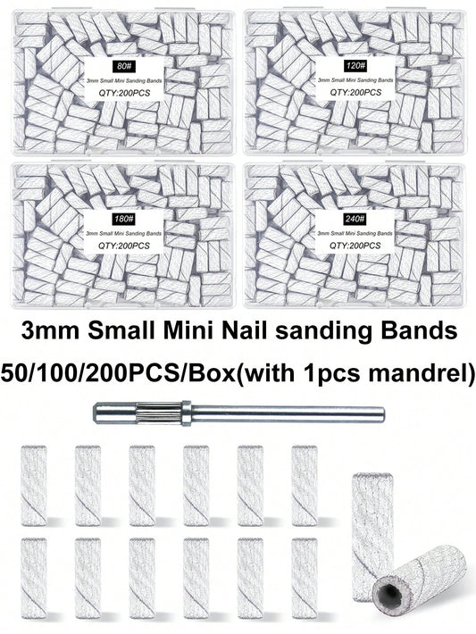 100/200Pcs/Box With Mini Mandrel Nail Art 3mm Mini Grinding Sand Ring Bands(80# 120# 180# 240#)Electric Grinding Machine Nail Grinding Head Manicure Accessories Tools Dead Skin Remover