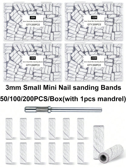 100/200Pcs/Box With Mini Mandrel Nail Art 3mm Mini Grinding Sand Ring Bands(80# 120# 180# 240#)Electric Grinding Machine Nail Grinding Head Manicure Accessories Tools Dead Skin Remover