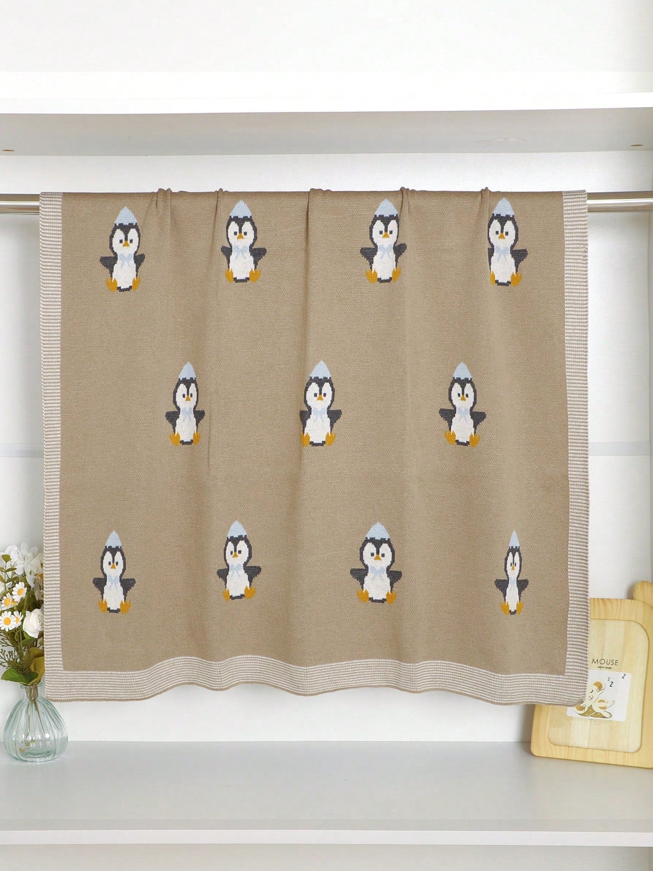100% Cotton Baby Blanket, Cute Penguin Knitted Infant Stroller Blanket, Newborn Baby Air Conditioning Cover Quilt