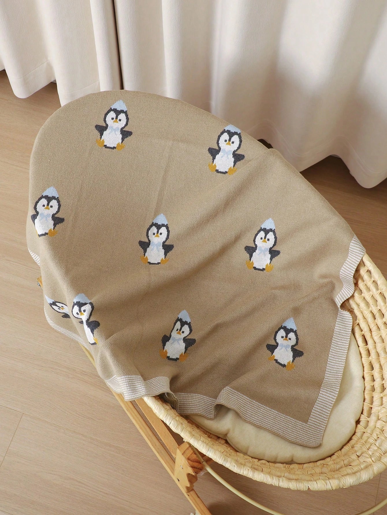 100% Cotton Baby Blanket, Cute Penguin Knitted Infant Stroller Blanket, Newborn Baby Air Conditioning Cover Quilt