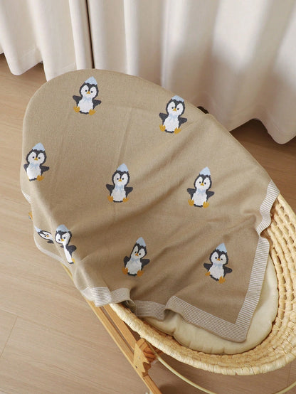 100% Cotton Baby Blanket, Cute Penguin Knitted Infant Stroller Blanket, Newborn Baby Air Conditioning Cover Quilt
