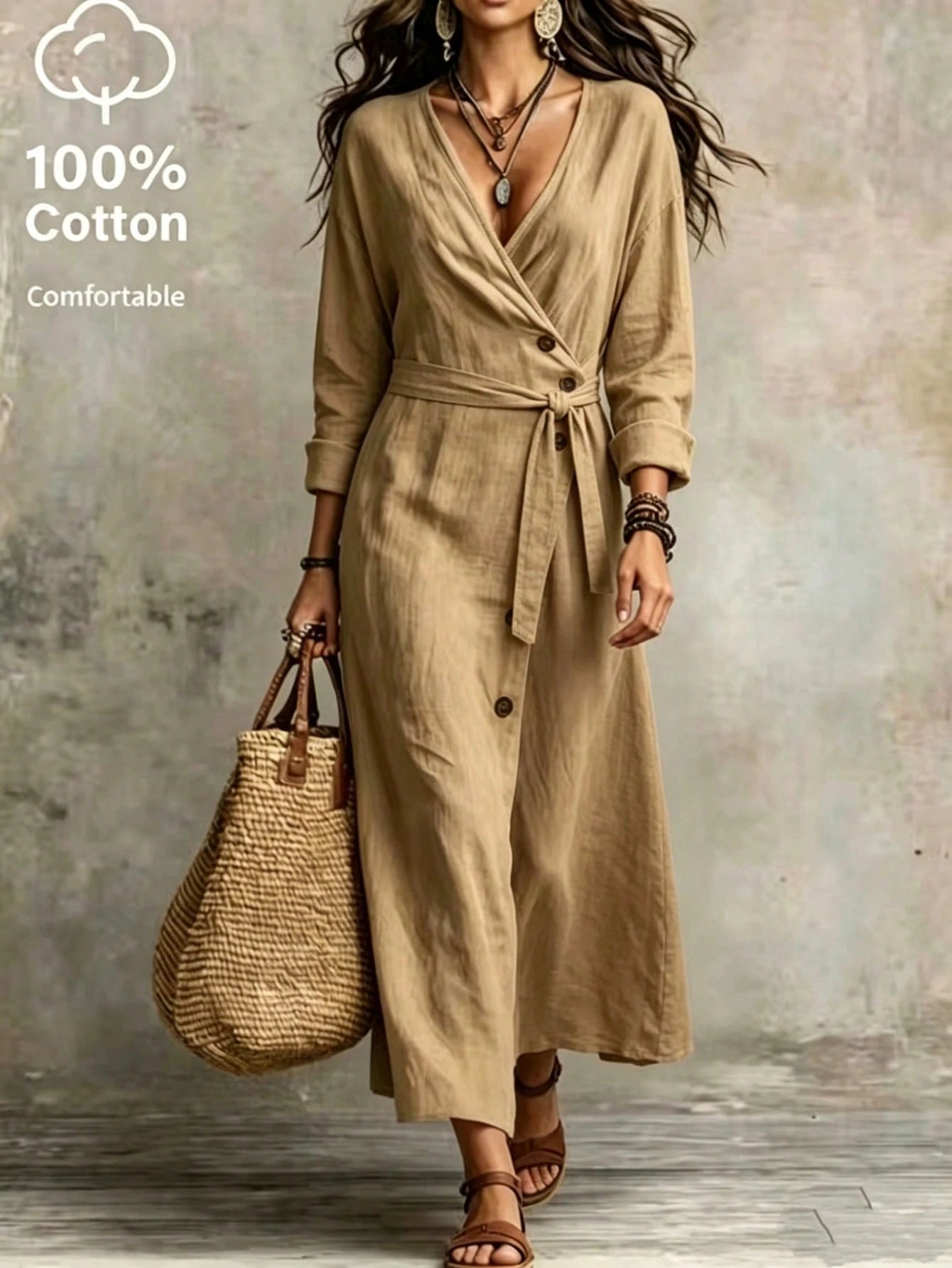 100% Washed Cotton Solid Color Long Dress, Cross Wrap V-Neck Design, Dropped Shoulder Long Sleeve, Asymmetrical Side Single-Breasted Button, Suitable For Daily Wear, Beach Vacation, Outdoor Trav