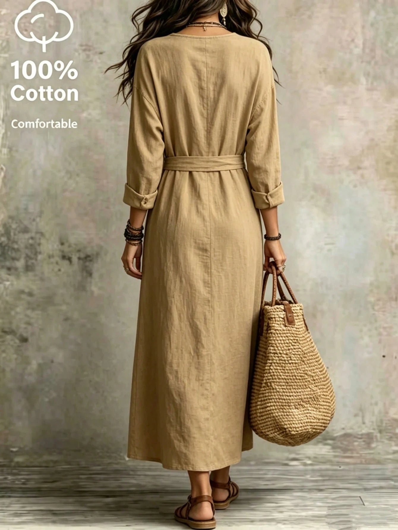 100% Washed Cotton Solid Color Long Dress, Cross Wrap V-Neck Design, Dropped Shoulder Long Sleeve, Asymmetrical Side Single-Breasted Button, Suitable For Daily Wear, Beach Vacation, Outdoor Trav