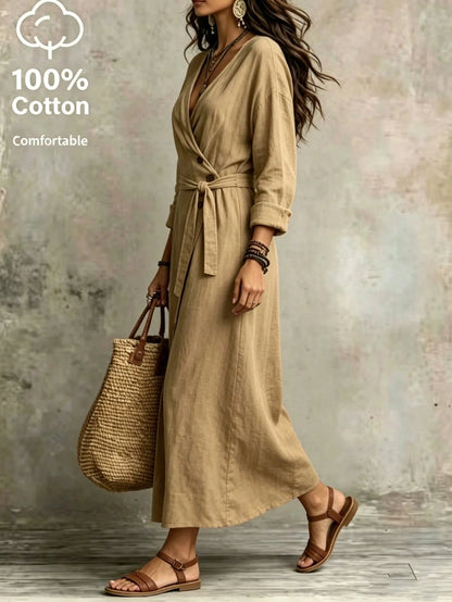 100% Washed Cotton Solid Color Long Dress, Cross Wrap V-Neck Design, Dropped Shoulder Long Sleeve, Asymmetrical Side Single-Breasted Button, Suitable For Daily Wear, Beach Vacation, Outdoor Trav