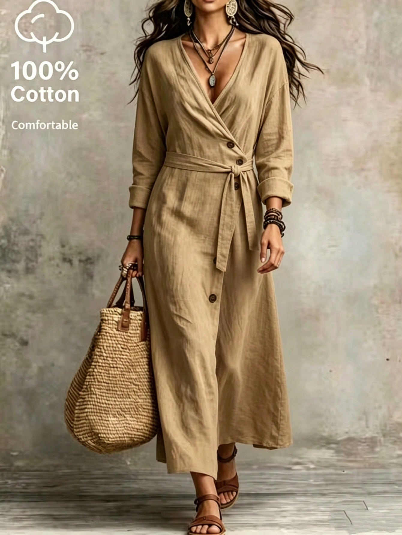 100% Washed Cotton Solid Color Long Dress, Cross Wrap V-Neck Design, Dropped Shoulder Long Sleeve, Asymmetrical Side Single-Breasted Button, Suitable For Daily Wear, Beach Vacation, Outdoor Trav