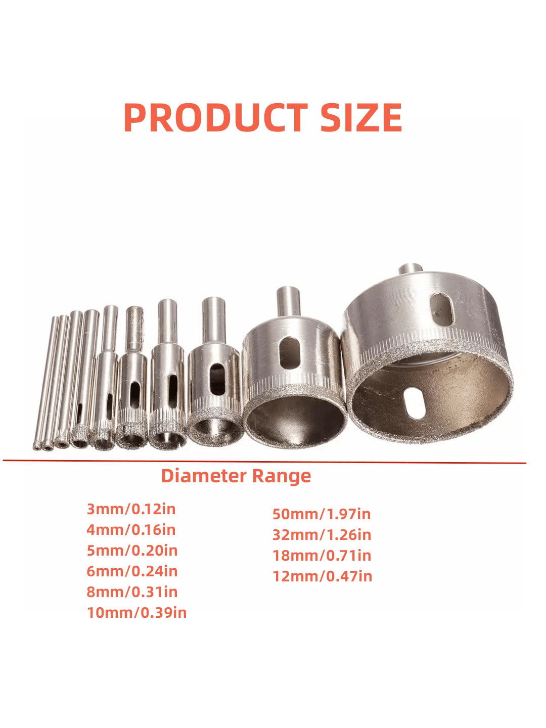 10pcs Diamond Drill Bit Set, 3mm-50mm Coated Round Hole Saws For Tile, Marble, Glass, Ceramic