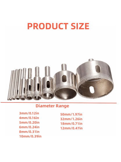 10pcs Diamond Drill Bit Set, 3mm-50mm Coated Round Hole Saws For Tile, Marble, Glass, Ceramic
