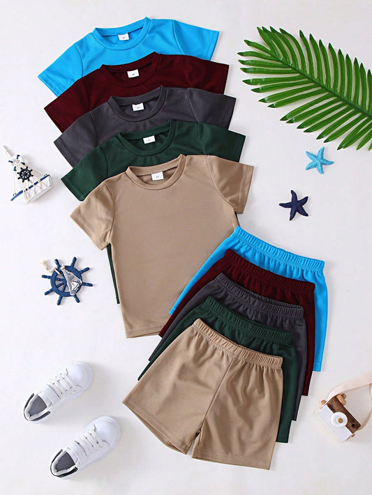10pcs/Set Baby Casual Solid Color Knit Fabric T-Shirt Matched With Solid Color Shorts Outdoor Suit, Spring/Summer