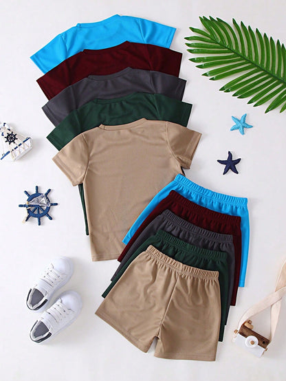 10pcs/Set Baby Casual Solid Color Knit Fabric T-Shirt Matched With Solid Color Shorts Outdoor Suit, Spring/Summer
