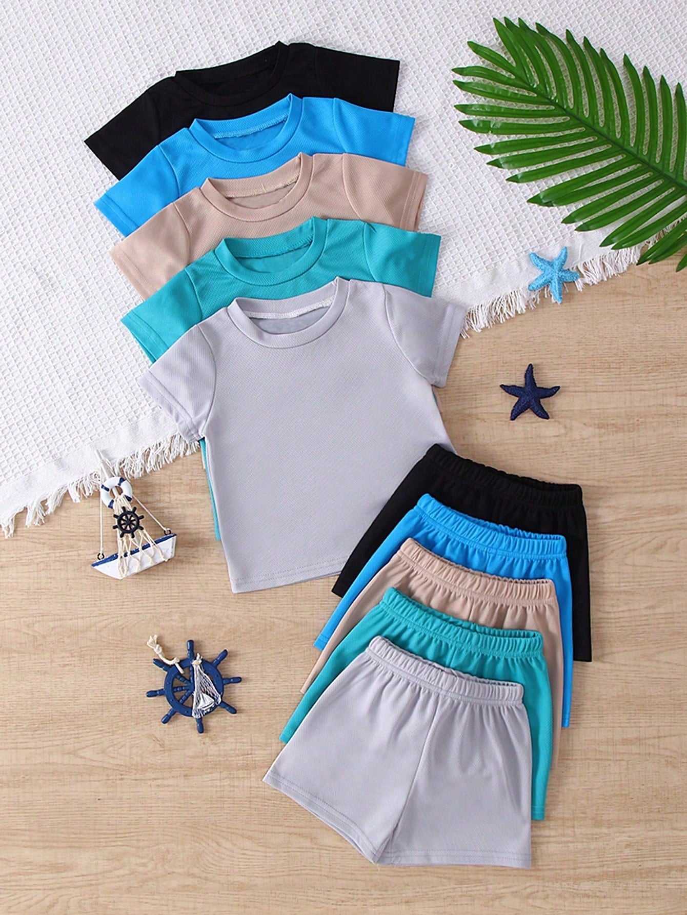 10pcs/Set Baby Casual Solid Color Knit Fabric T-Shirt Matched With Solid Color Shorts Outdoor Suit, Spring/Summer