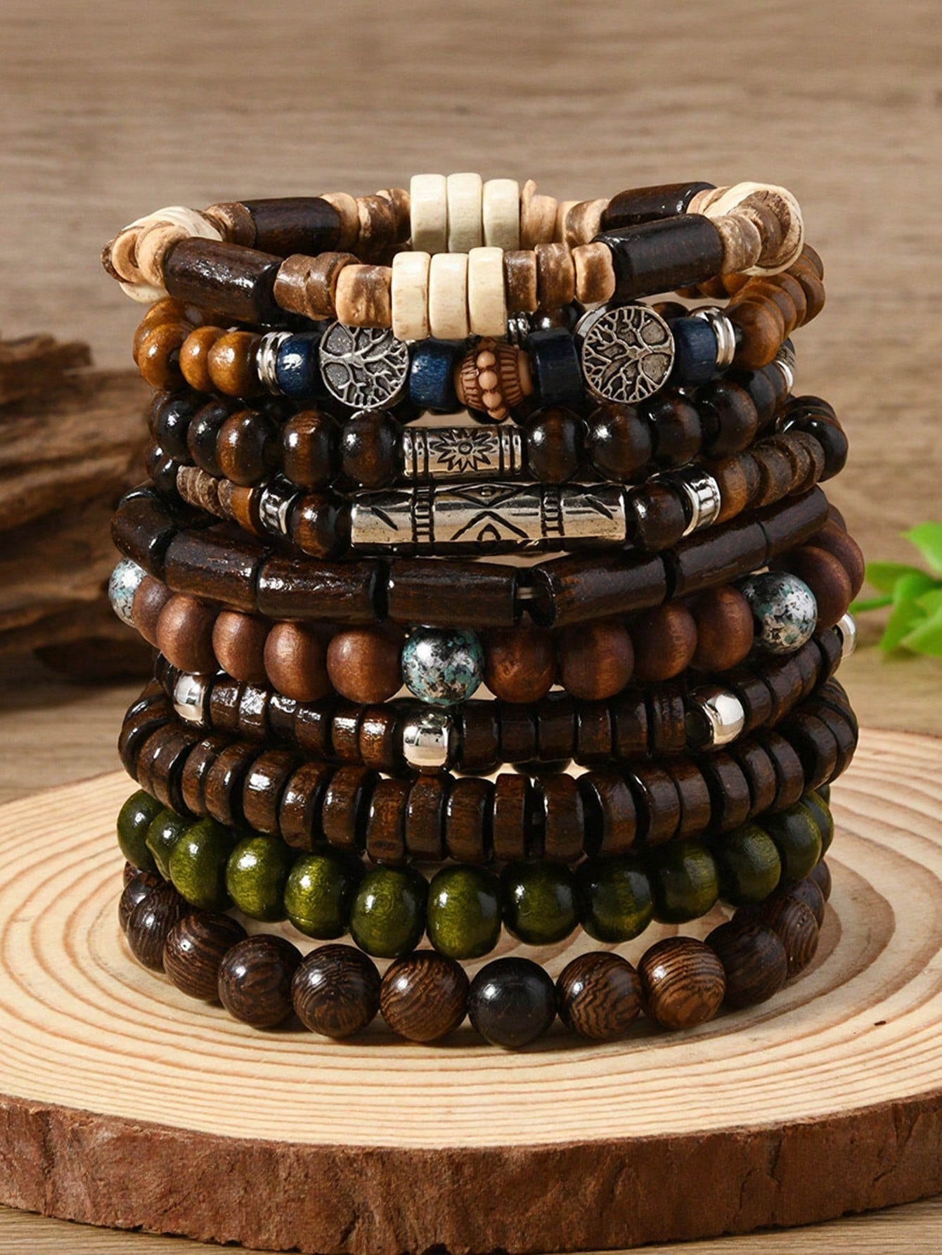10pcs/Set Bohemian Style Wooden Bead, Sea Turtle, Coconut, Turquoise Bracelet Set, Suitable For Men's Daily Wear, Gift
