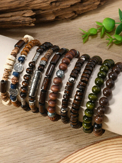 10pcs/Set Bohemian Style Wooden Bead, Sea Turtle, Coconut, Turquoise Bracelet Set, Suitable For Men's Daily Wear, Gift