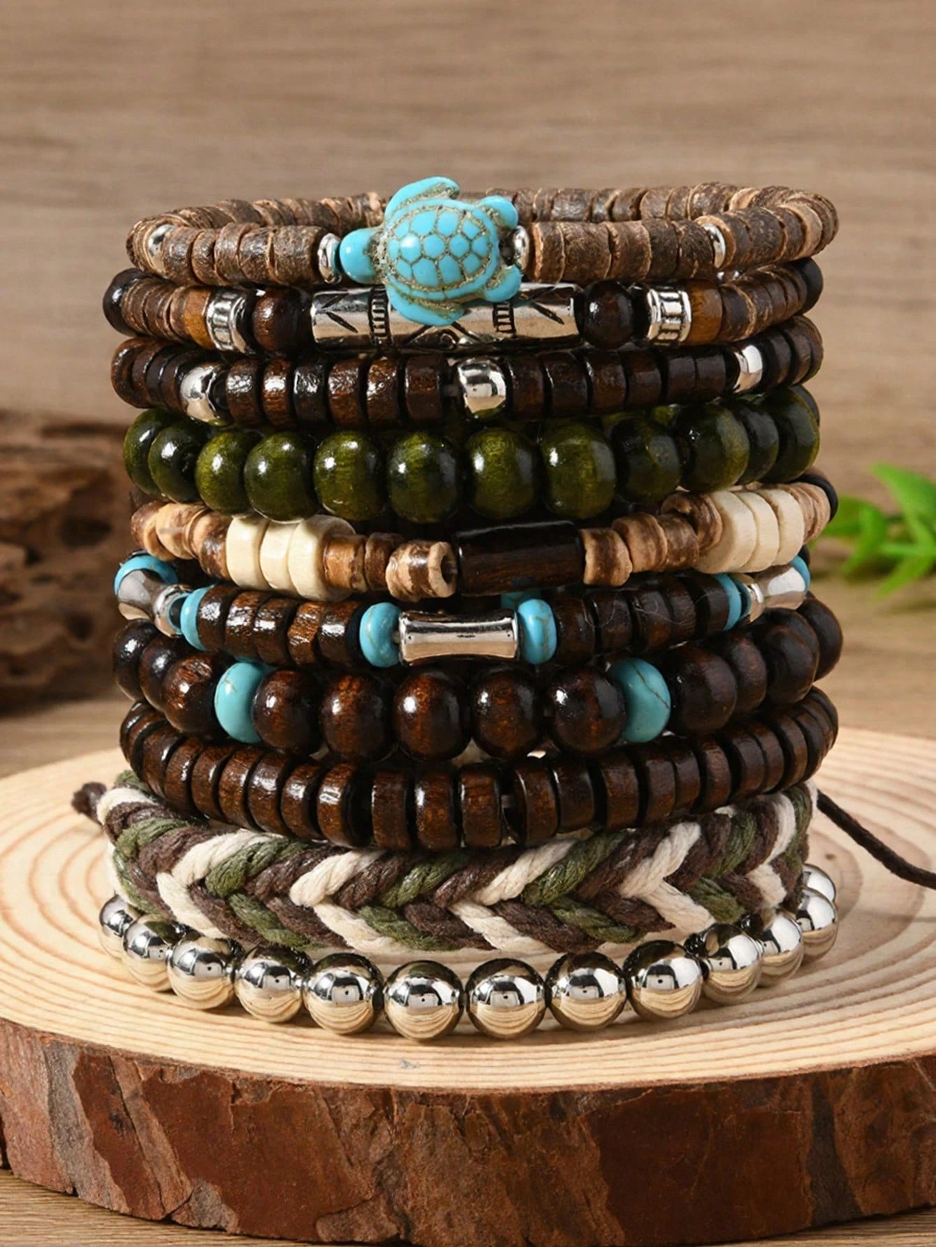 10pcs/Set Bohemian Style Wooden Bead, Sea Turtle, Coconut, Turquoise Bracelet Set, Suitable For Men's Daily Wear, Gift