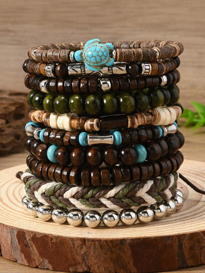 10pcs/Set Bohemian Style Wooden Bead, Sea Turtle, Coconut, Turquoise Bracelet Set, Suitable For Men's Daily Wear, Gift