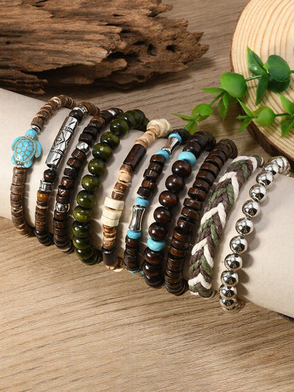 10pcs/Set Bohemian Style Wooden Bead, Sea Turtle, Coconut, Turquoise Bracelet Set, Suitable For Men's Daily Wear, Gift