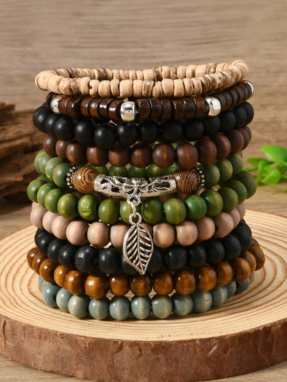 10pcs/Set Bohemian Style Wooden Bead, Sea Turtle, Coconut, Turquoise Bracelet Set, Suitable For Men's Daily Wear, Gift