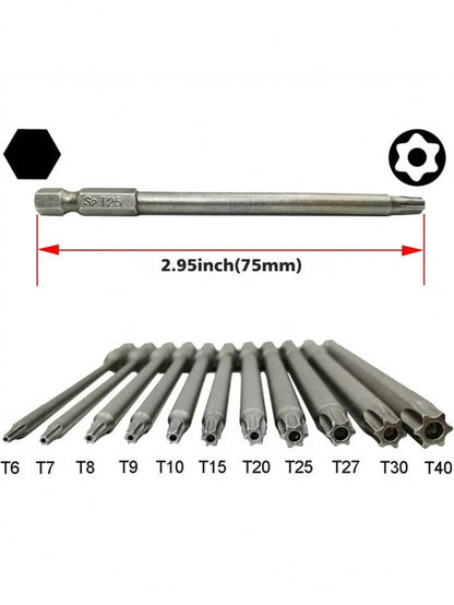 11Pcs Long Torx Security Head Screwdriver Drill Set, 1/4 Inch Hex Shank S2 Steel Torx Screwdriver Bit Set, T6 T7 T8 T9 T10 T15 T20 T25 T27 T30 T40,Tool Accessories