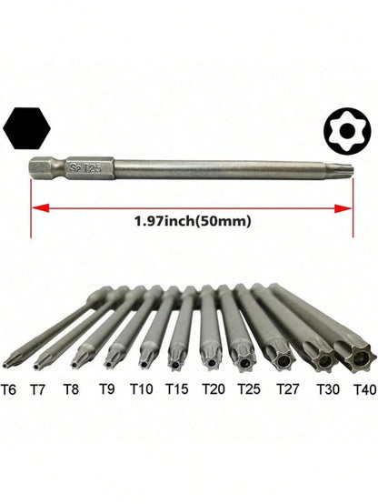 11Pcs Long Torx Security Head Screwdriver Drill Set, 1/4 Inch Hex Shank S2 Steel Torx Screwdriver Bit Set, T6 T7 T8 T9 T10 T15 T20 T25 T27 T30 T40,Tool Accessories