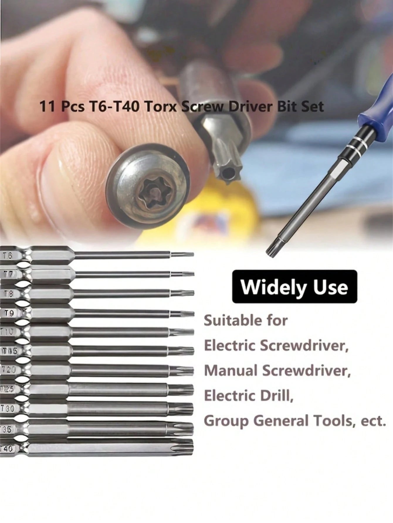 11Pcs Long Torx Security Head Screwdriver Drill Set, 1/4 Inch Hex Shank S2 Steel Torx Screwdriver Bit Set, T6 T7 T8 T9 T10 T15 T20 T25 T27 T30 T40,Tool Accessories
