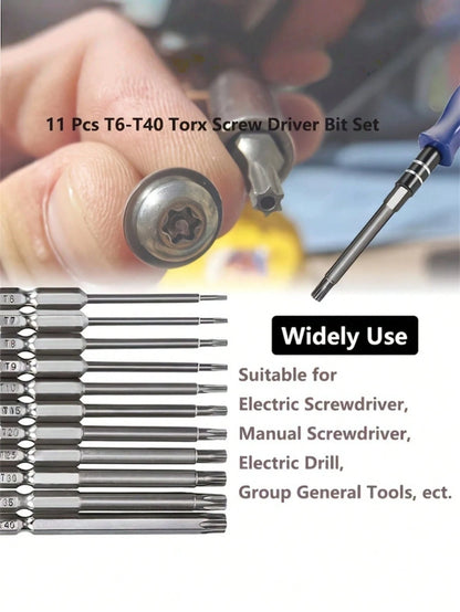 11Pcs Long Torx Security Head Screwdriver Drill Set, 1/4 Inch Hex Shank S2 Steel Torx Screwdriver Bit Set, T6 T7 T8 T9 T10 T15 T20 T25 T27 T30 T40,Tool Accessories