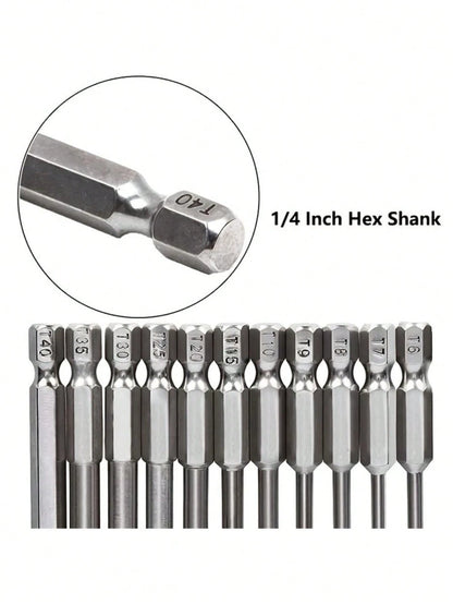 11Pcs Long Torx Security Head Screwdriver Drill Set, 1/4 Inch Hex Shank S2 Steel Torx Screwdriver Bit Set, T6 T7 T8 T9 T10 T15 T20 T25 T27 T30 T40,Tool Accessories