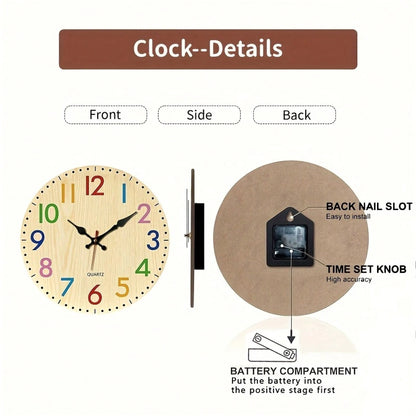 12inch, 1PC, Simple Colorful Digital Wooden Silent Wall Clock (Requires 1 AA Battery, Not Included),Room Decor,Home Decor,Wall Decor
