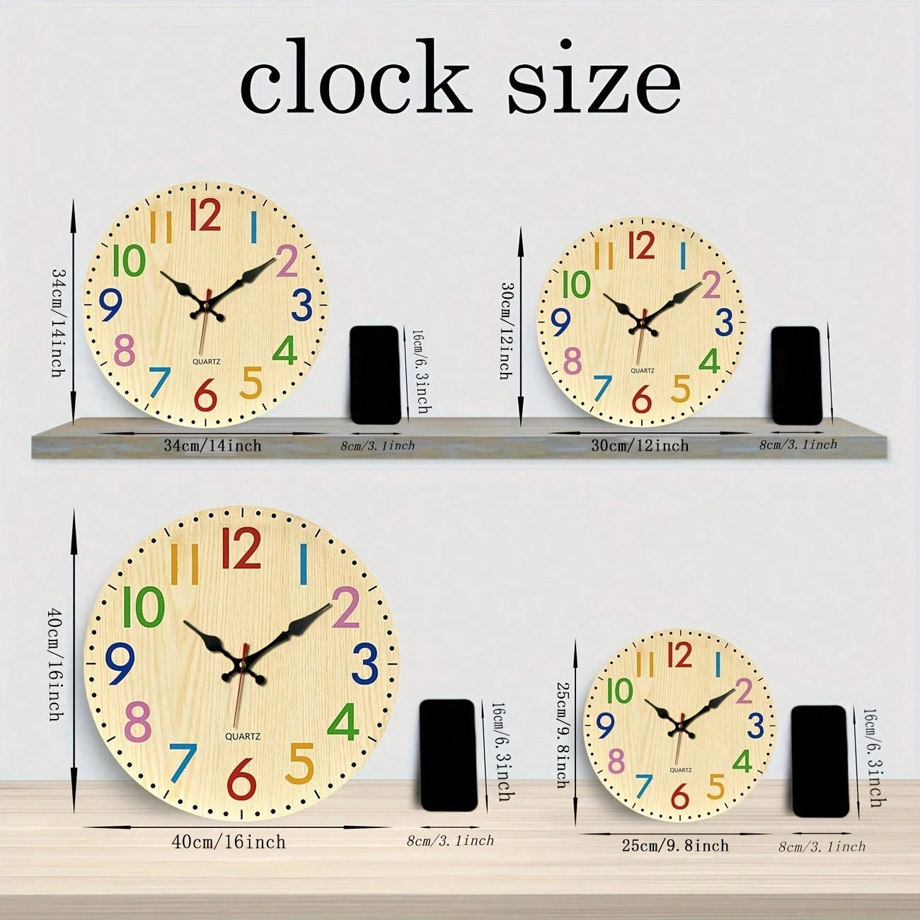 12inch, 1PC, Simple Colorful Digital Wooden Silent Wall Clock (Requires 1 AA Battery, Not Included),Room Decor,Home Decor,Wall Decor