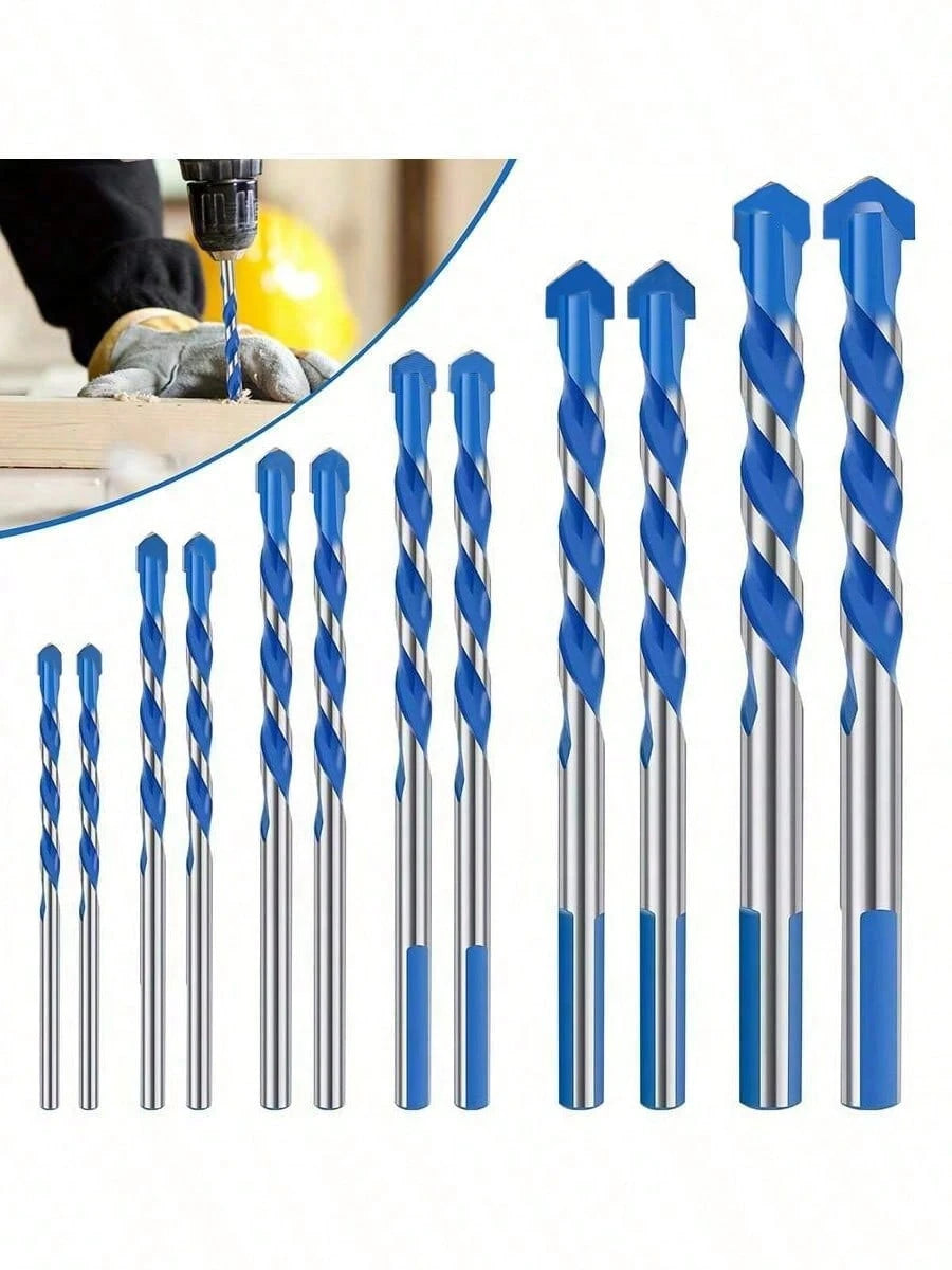 12pcs Blue Diamond Drill Bit Set- Ceramic Tile Glass Concrete Drilling Bits, Multi-Purpose Triangular Alloy Drill Bits, High Hardness Hole Opener, Suitable For Ceramic Tile Cement Concrete Wall (3/4