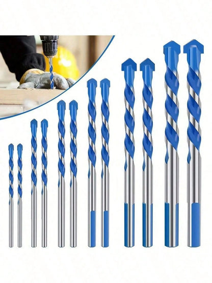 12pcs Blue Diamond Drill Bit Set- Ceramic Tile Glass Concrete Drilling Bits, Multi-Purpose Triangular Alloy Drill Bits, High Hardness Hole Opener, Suitable For Ceramic Tile Cement Concrete Wall (3/4