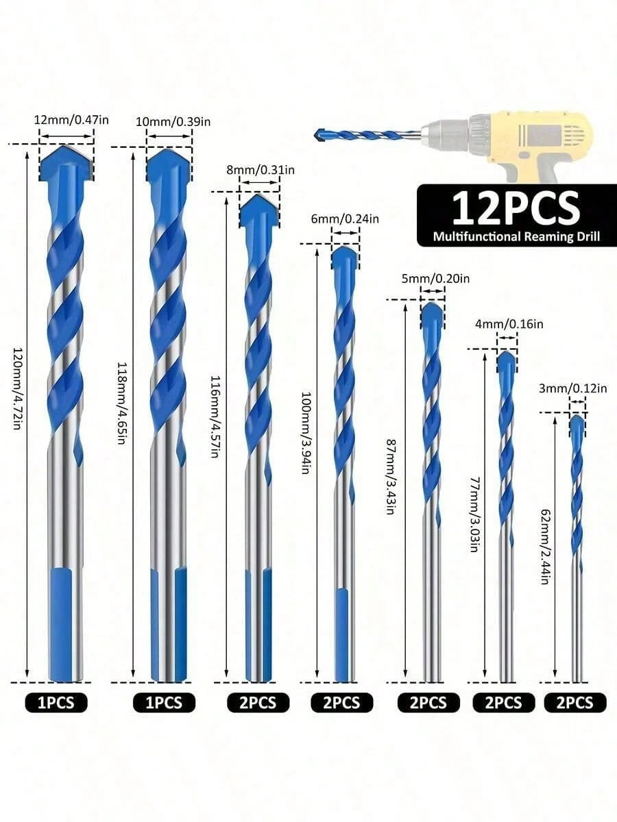 12pcs Blue Diamond Drill Bit Set- Ceramic Tile Glass Concrete Drilling Bits, Multi-Purpose Triangular Alloy Drill Bits, High Hardness Hole Opener, Suitable For Ceramic Tile Cement Concrete Wall (3/4