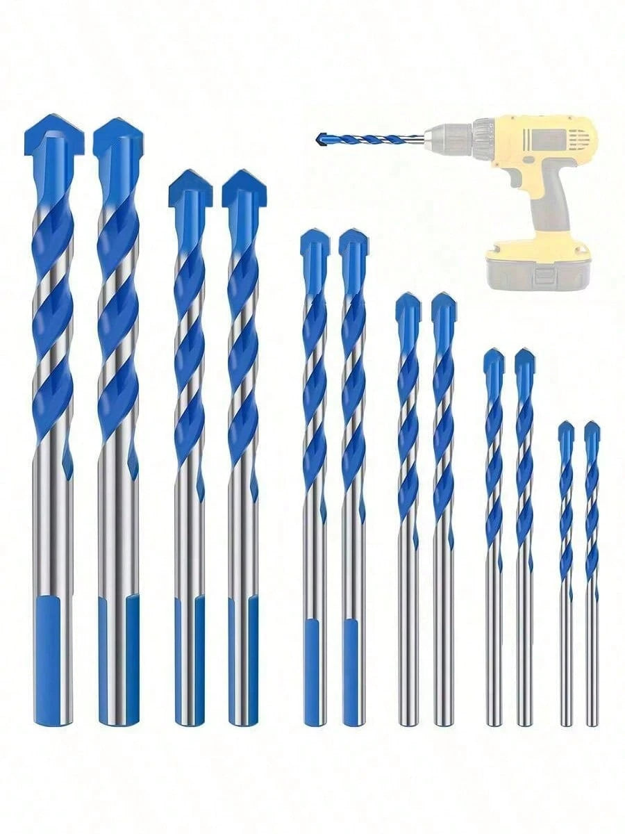 12pcs Blue Diamond Drill Bit Set- Ceramic Tile Glass Concrete Drilling Bits, Multi-Purpose Triangular Alloy Drill Bits, High Hardness Hole Opener, Suitable For Ceramic Tile Cement Concrete Wall (3/4