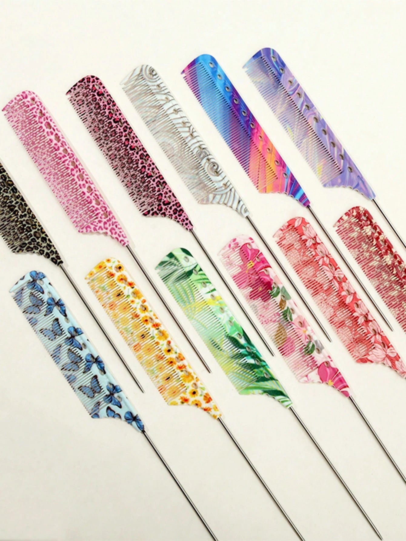 15 Patterns Colorful Anti-Static Tail Comb- Suitable For Professional Hairstyling And Home Use, Durable And Fashionable, Leopard Print/Fluorescent/Floral Patterns Available