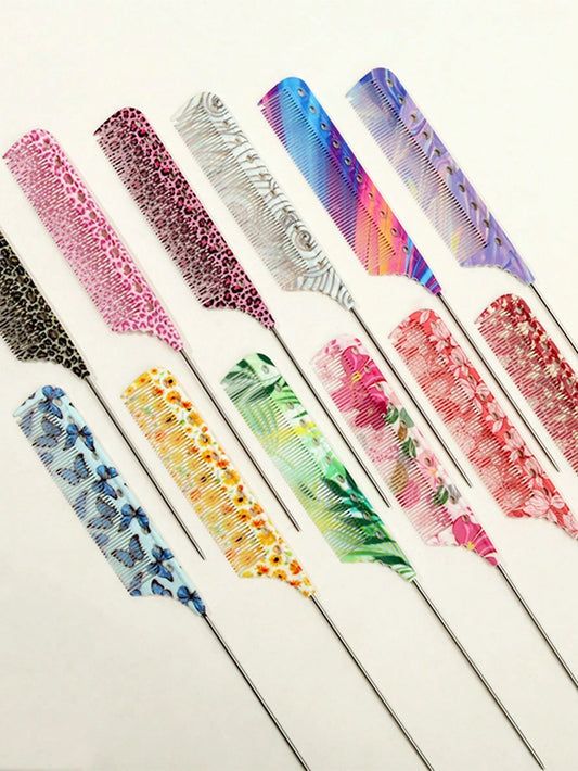 15 Patterns Colorful Anti-Static Tail Comb- Suitable For Professional Hairstyling And Home Use, Durable And Fashionable, Leopard Print/Fluorescent/Floral Patterns Available
