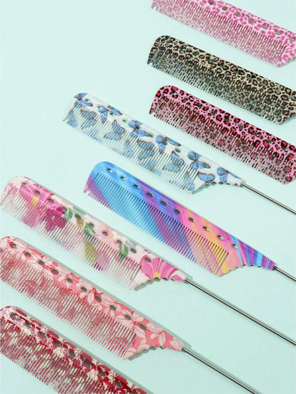 15 Patterns Colorful Anti-Static Tail Comb- Suitable For Professional Hairstyling And Home Use, Durable And Fashionable, Leopard Print/Fluorescent/Floral Patterns Available