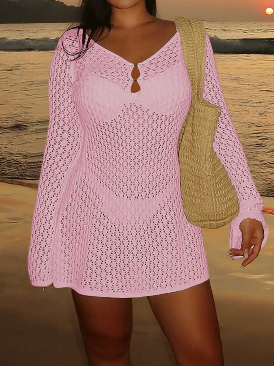 Plus Size Women's Long Sleeve Hollow Crochet Cover-Up, Elegant Bohemian Beach Vacation Style, Summer Holiday Outfit Pink
