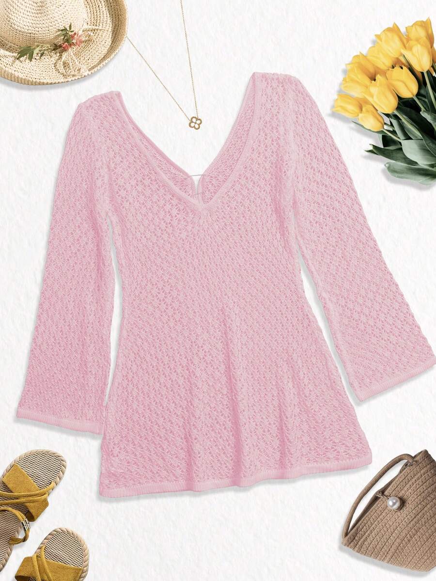 Plus Size Women's Long Sleeve Hollow Crochet Cover-Up, Elegant Bohemian Beach Vacation Style, Summer Holiday Outfit Pink