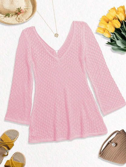 Plus Size Women's Long Sleeve Hollow Crochet Cover-Up, Elegant Bohemian Beach Vacation Style, Summer Holiday Outfit Pink