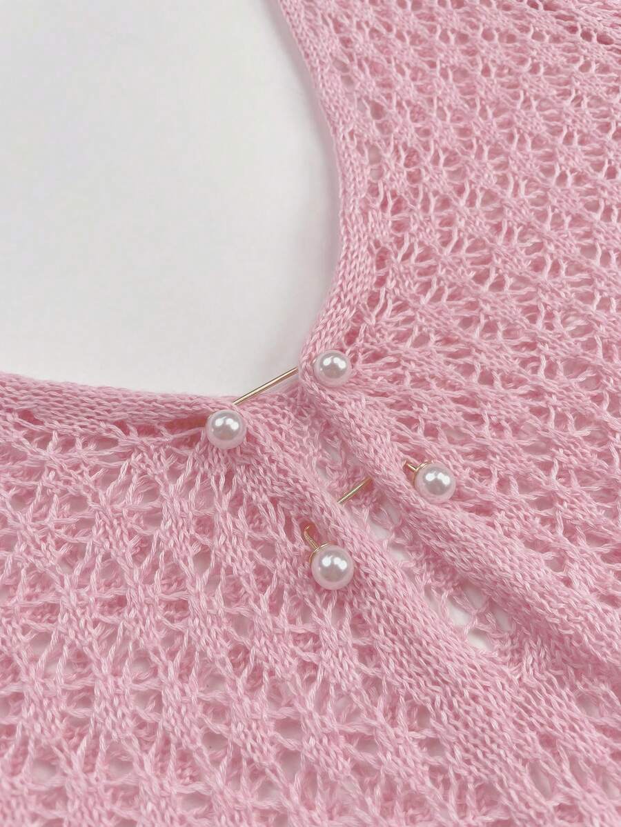 Plus Size Women's Long Sleeve Hollow Crochet Cover-Up, Elegant Bohemian Beach Vacation Style, Summer Holiday Outfit Pink