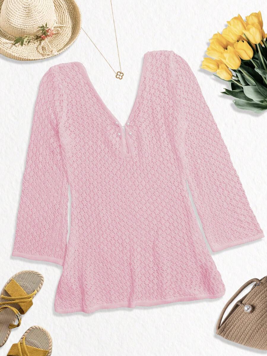 Plus Size Women's Long Sleeve Hollow Crochet Cover-Up, Elegant Bohemian Beach Vacation Style, Summer Holiday Outfit Pink
