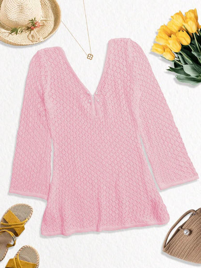 Plus Size Women's Long Sleeve Hollow Crochet Cover-Up, Elegant Bohemian Beach Vacation Style, Summer Holiday Outfit Pink