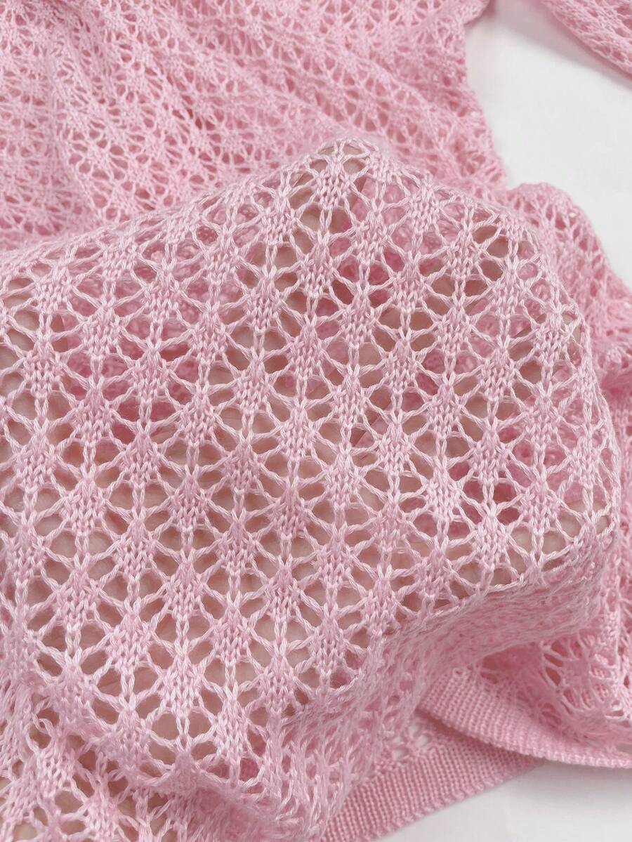 Plus Size Women's Long Sleeve Hollow Crochet Cover-Up, Elegant Bohemian Beach Vacation Style, Summer Holiday Outfit Pink