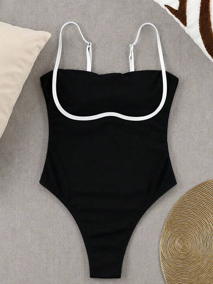 New Sexy Contrast Color High Elasticity Casual Elegant Beach Vacation Date Party Women One-Piece Swimsuit
