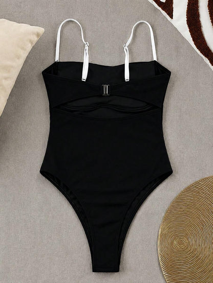 New Sexy Contrast Color High Elasticity Casual Elegant Beach Vacation Date Party Women One-Piece Swimsuit