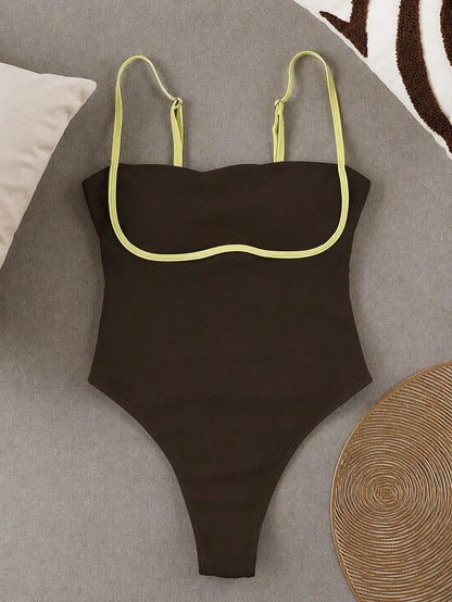 New Sexy Contrast Color High Elasticity Casual Elegant Beach Vacation Date Party Women One-Piece Swimsuit